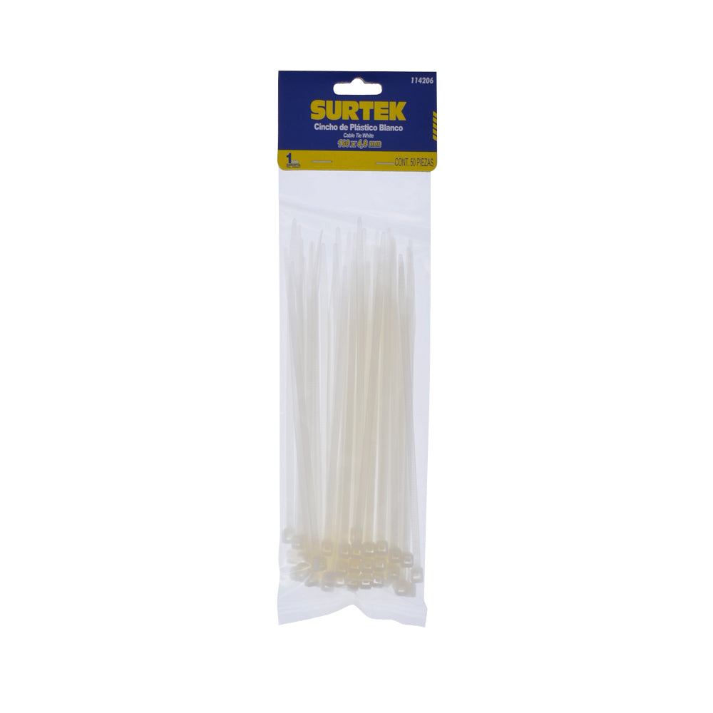 Cinchos plásticos 160 x 4.8 mm, tensión 27 kg de 50 piezas, color natural Surtek