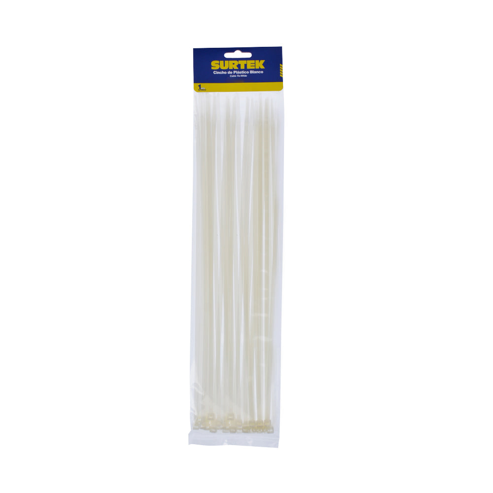 Cinchos plásticos 300 x 4.6 mm, tensión 22 Kg de 50 piezas color blanco Surtek