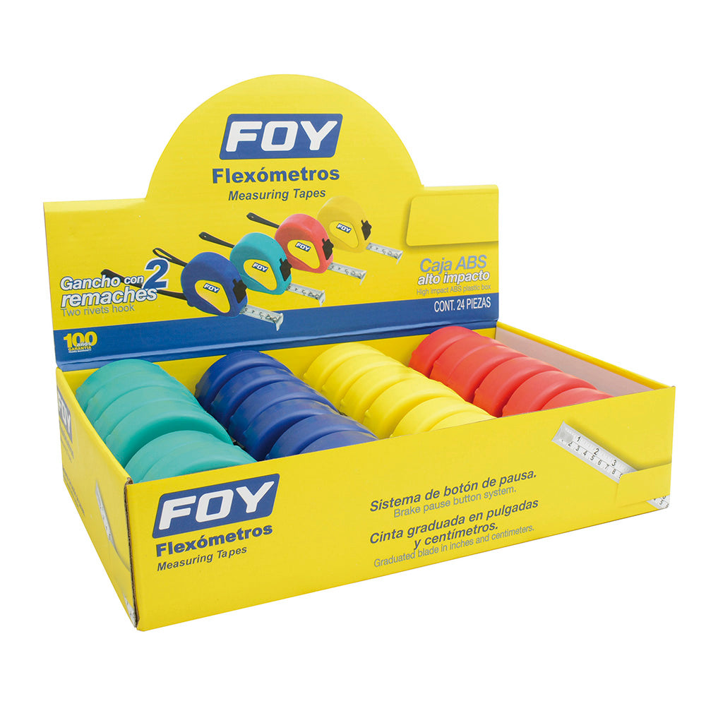 Flexómetros con carcasa de plástico colores en display 5 m x 3/4" Foy
