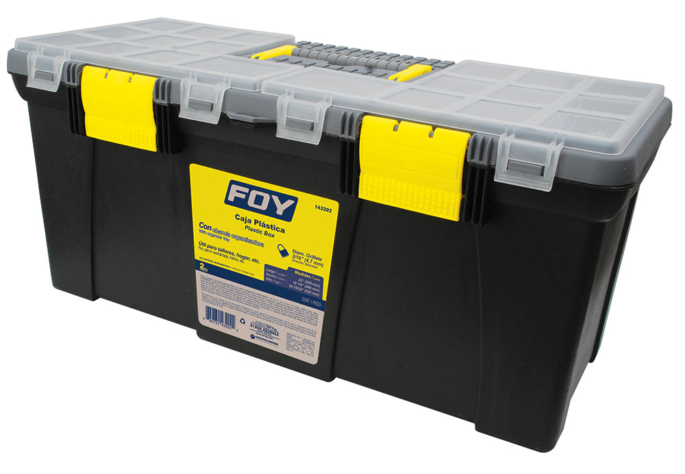 Caja portaherramientas plástica con broches plásticos y organizador color negro 22" x 10" Foy