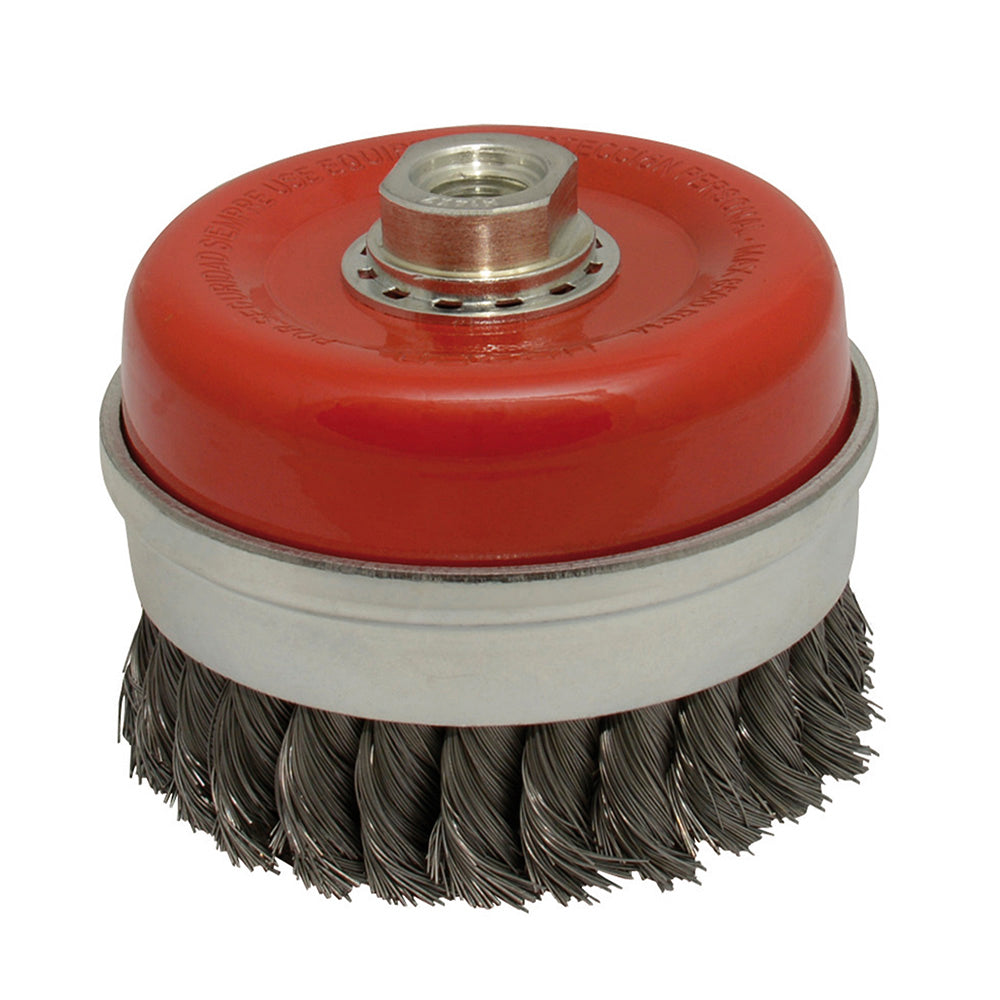 Carda copa trenzada alambre grueso 5" x 0.50 mm con rosca M14 Urrea