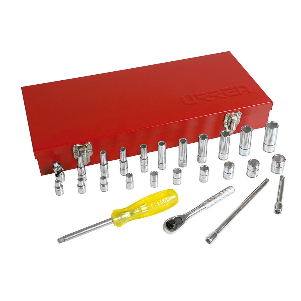 Juego de dados y accesorios cuadro de 1/4" en pulgadas, 26 piezas Urrea