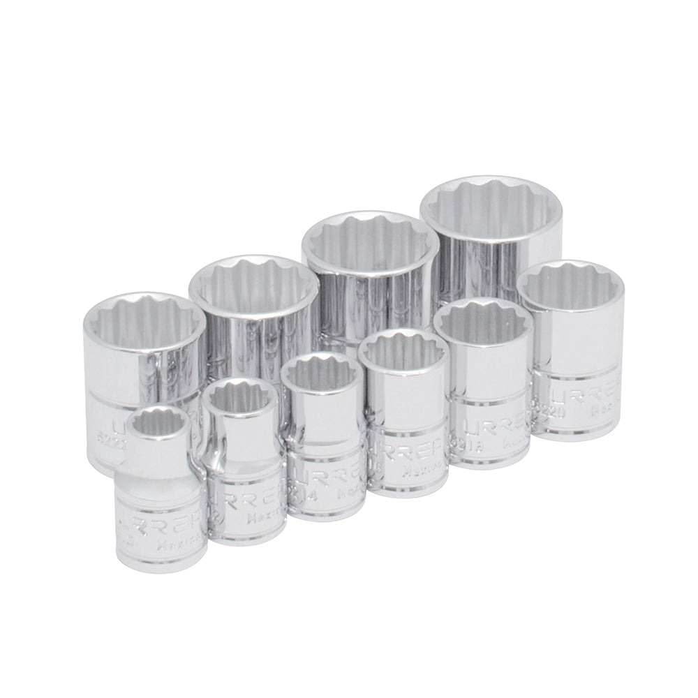 Juego de dados cuadro de 3/8", 12 puntas, en pulgadas, 10 piezas Urrea
