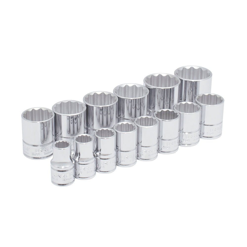 Juego de dados cuadro de 1/2", 12 puntas, en pulgadas, 14 piezas Urrea