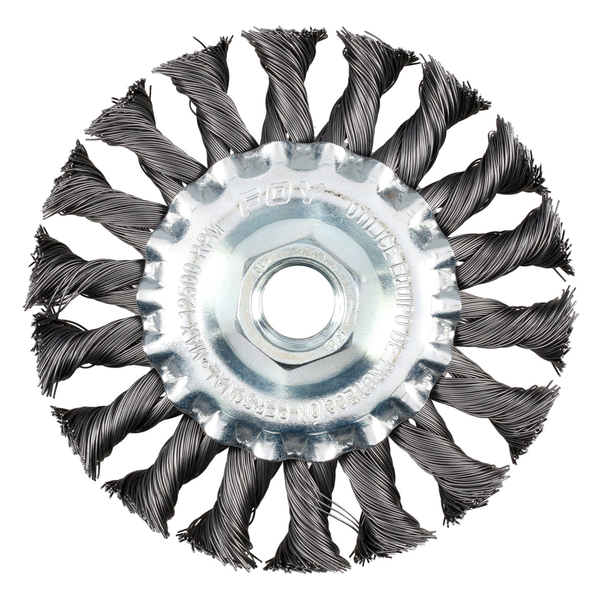 Carda circular trenzada alambre grueso 4" x 0.50 con rosca 5/8" Foy