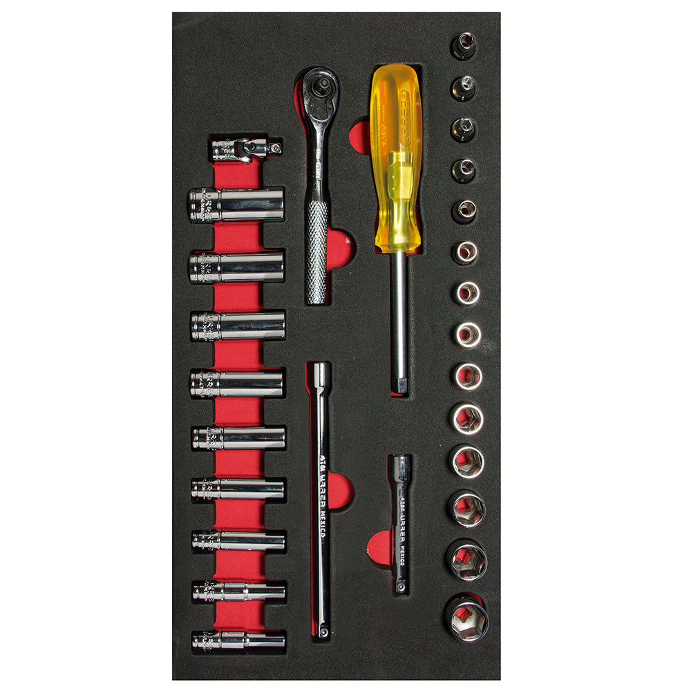 Juego de dados cortos y largos y accesorios cuadro de 1/4" métricos, 28 piezas Urrea