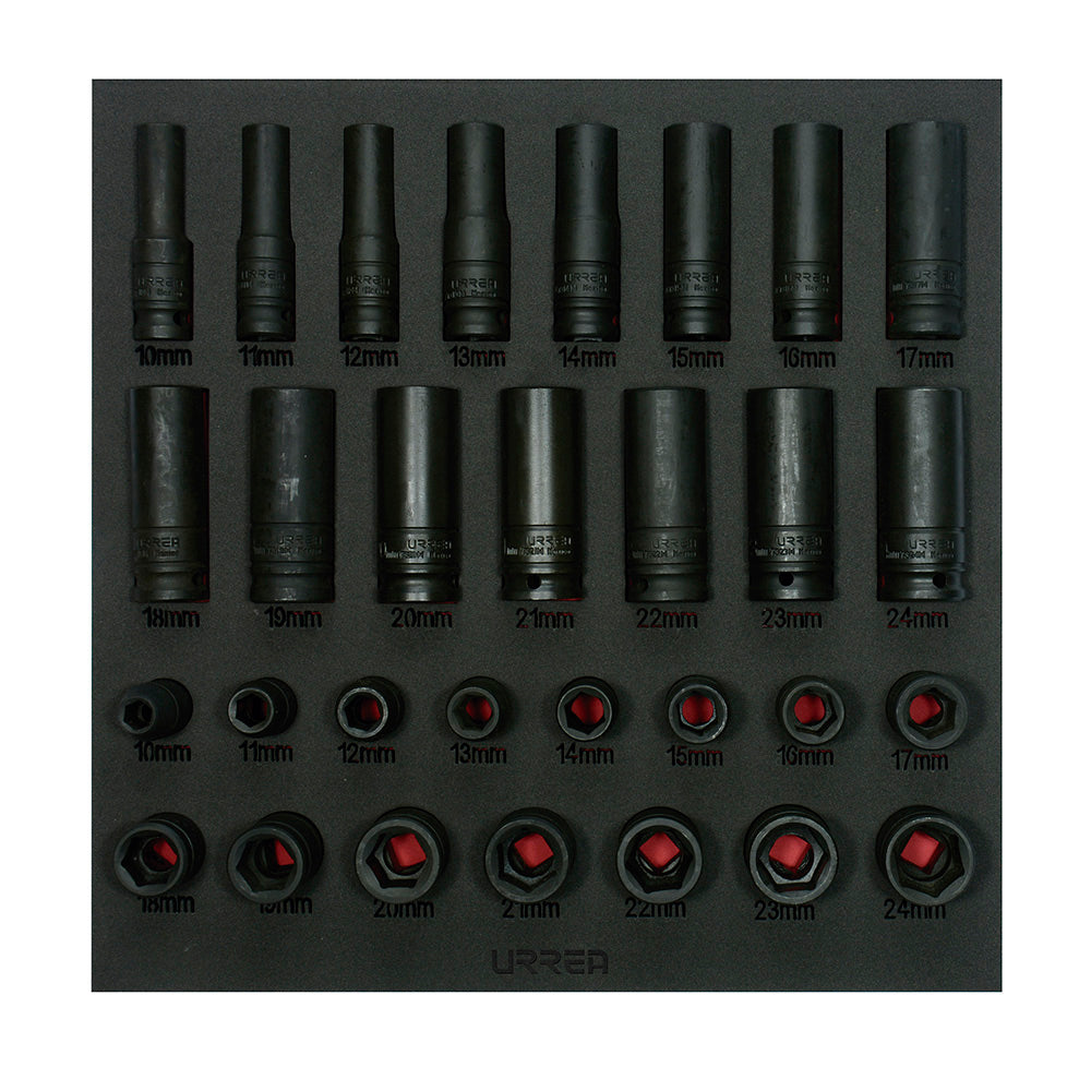 Juego de dados de impacto cortos y largos métricos cuadro de 1/2", 30 piezas Urrea