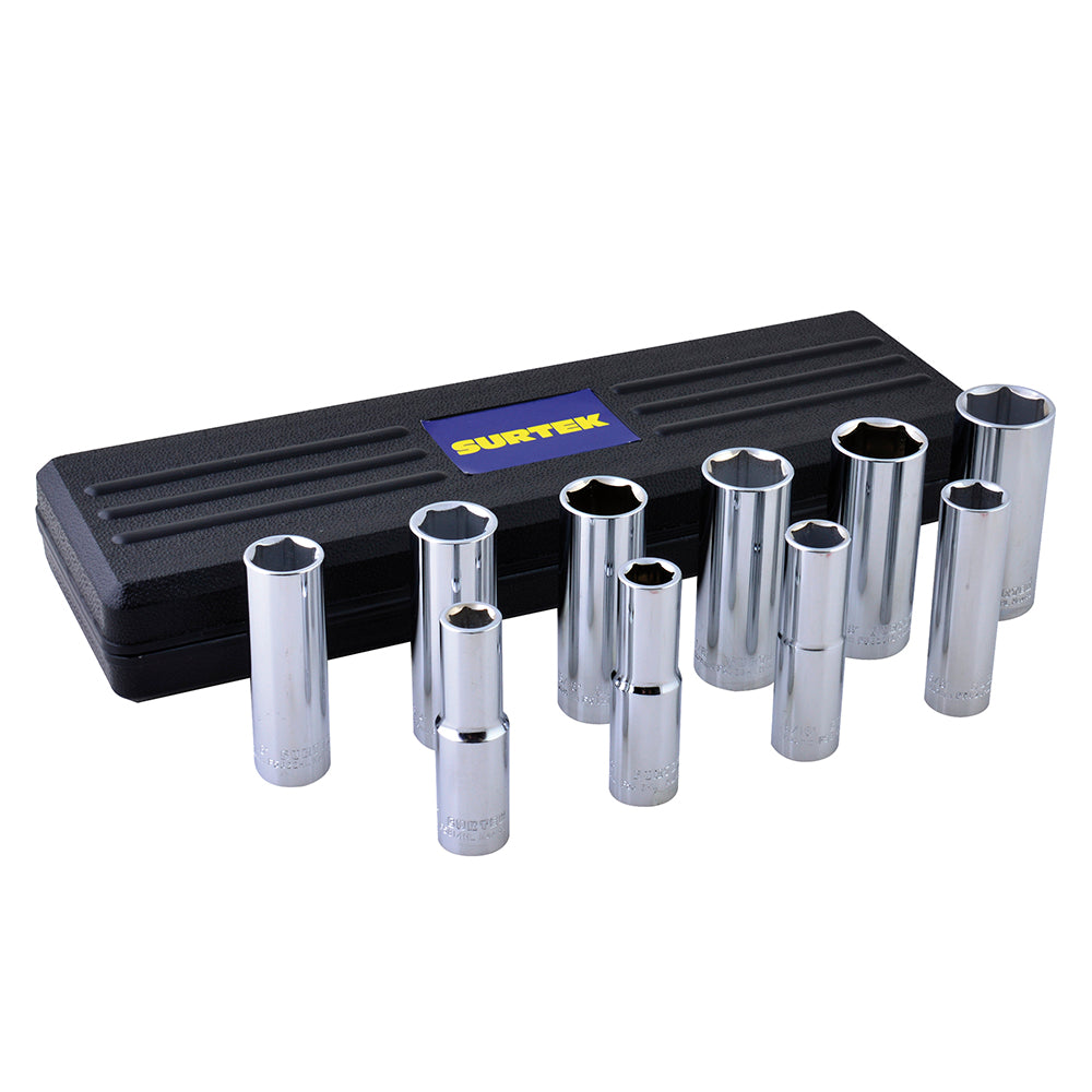 Juego de dados largos cuadro de 1/2" 6 puntas, en pulgadas, 10 piezas Surtek