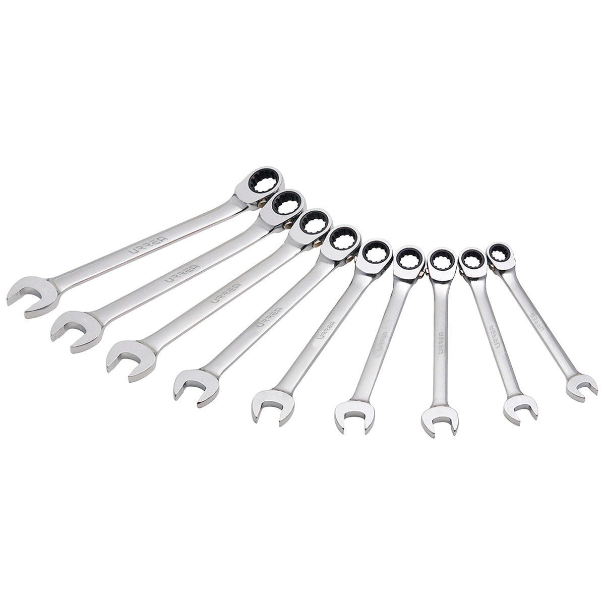 Juego de llaves combinadas pulido espejo de matraca spline rev en pulg,9 pz en caja plást Urrea