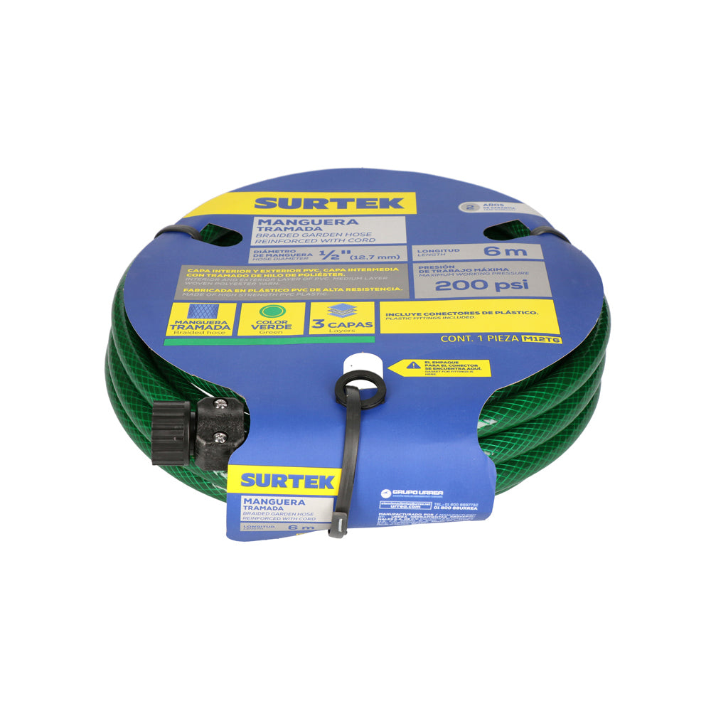 Manguera para jardín tramada verde con conector plástico 1/2", 6 m Surtek