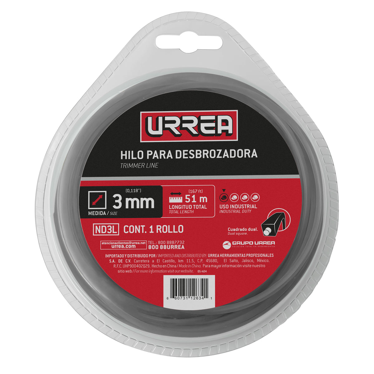 Nailon cuadro dual para desbrozadora doble blíster, 3 mm x 51 m Urrea