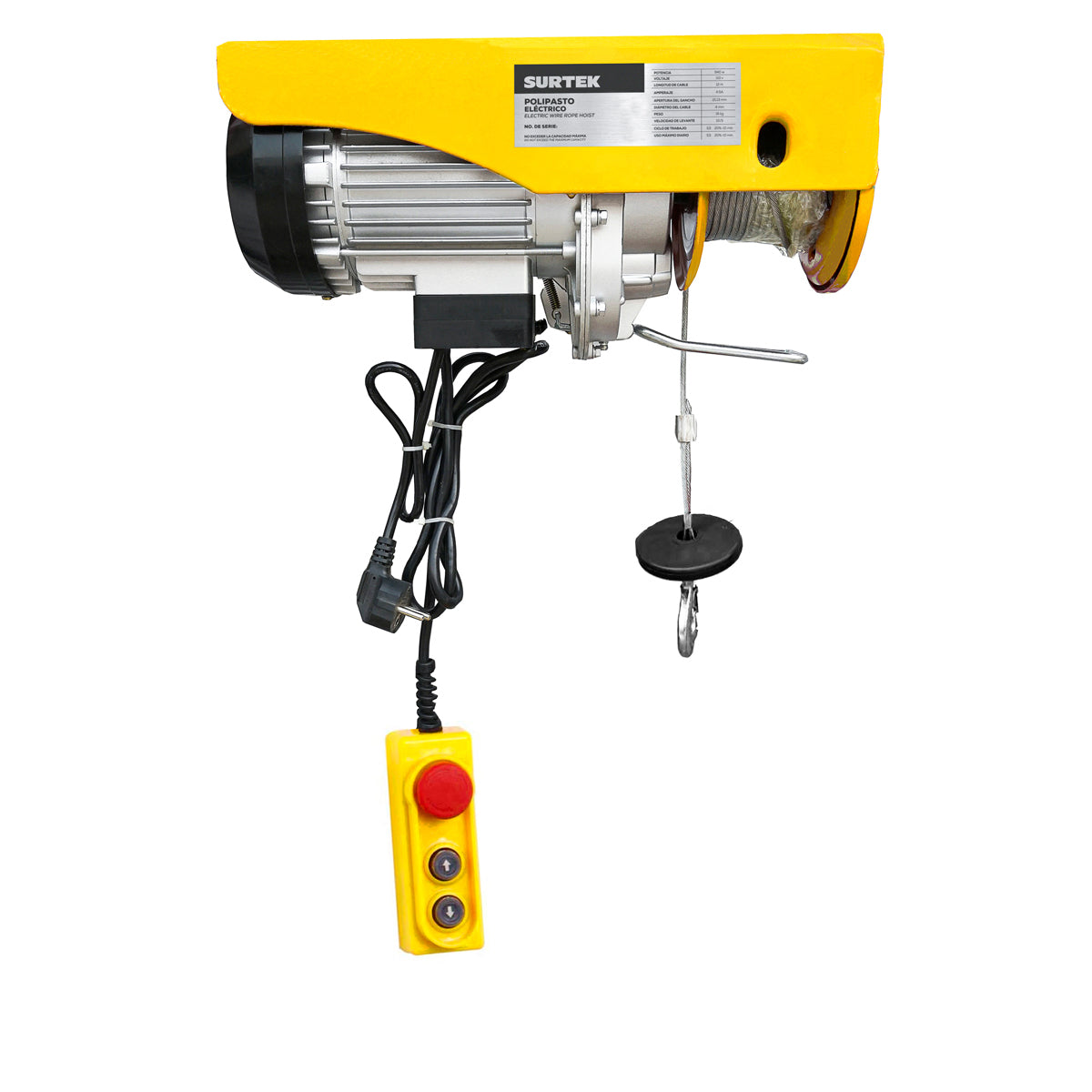 Polipasto eléctrico 1 ramal, 1 ton, cable 12 m Surtek