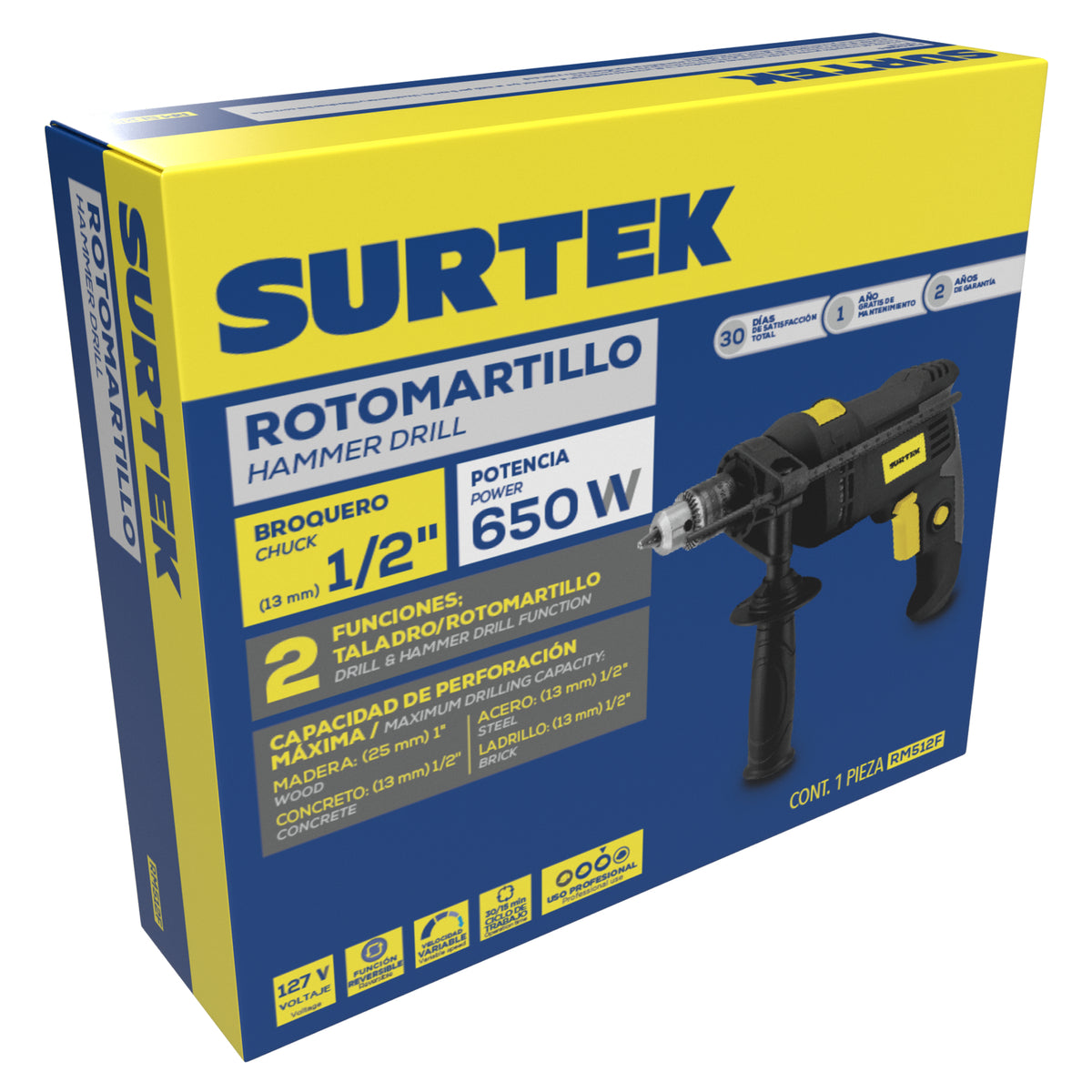 Rotomartillo 1/2" 650 W 127 V, 0 - 3,000 RPM con botón de traba para trabajos continuos Surtek