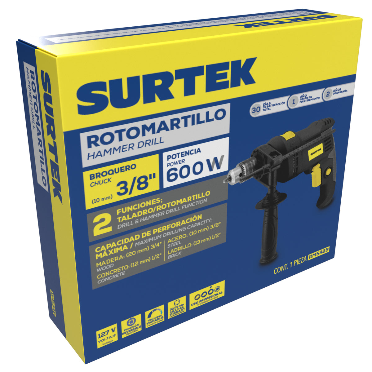 Rotomartillo 3/8" 600 W 127 V, 0 - 2,900 RPM con botón de traba para trabajos continuos Surtek