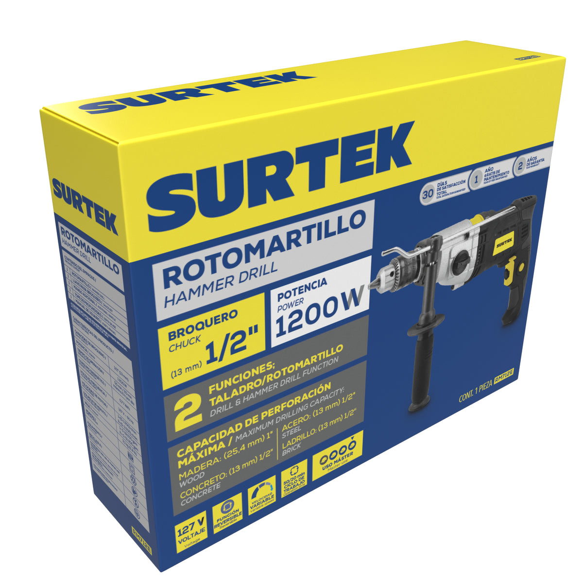 Rotomartillo 1/2" 1200 W 127 V, 0 - 3,200 RPM con botón de traba para trabajos continuos Surtek