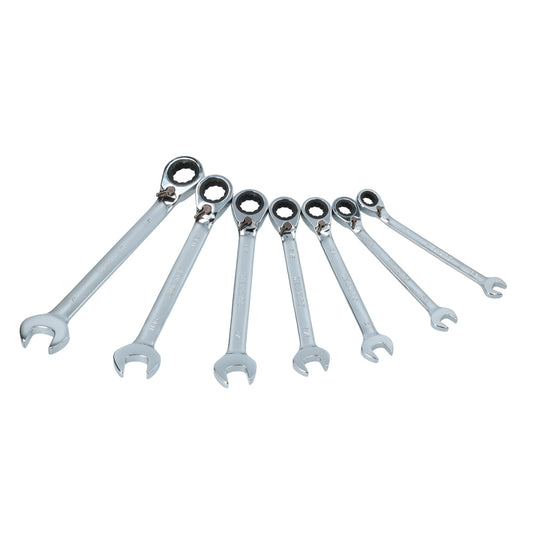 Juego de llaves combinadas pulido espejo de matraca rev en pulg, 12 puntas,7 pz en rack Surtek