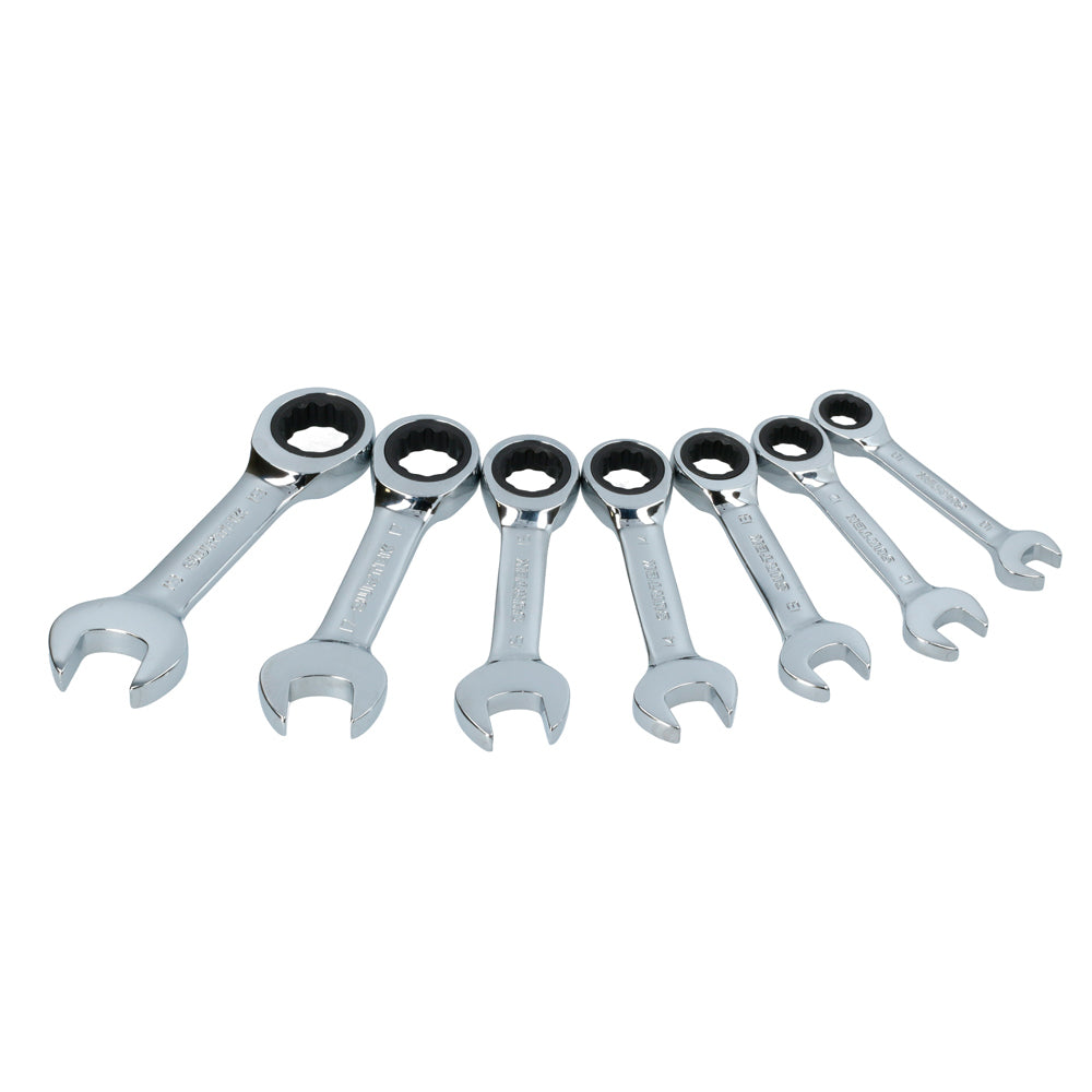 Juego de llaves combinadas cortas pulido espejo de matraca mét, 12 puntas,7 pz en rack Surtek