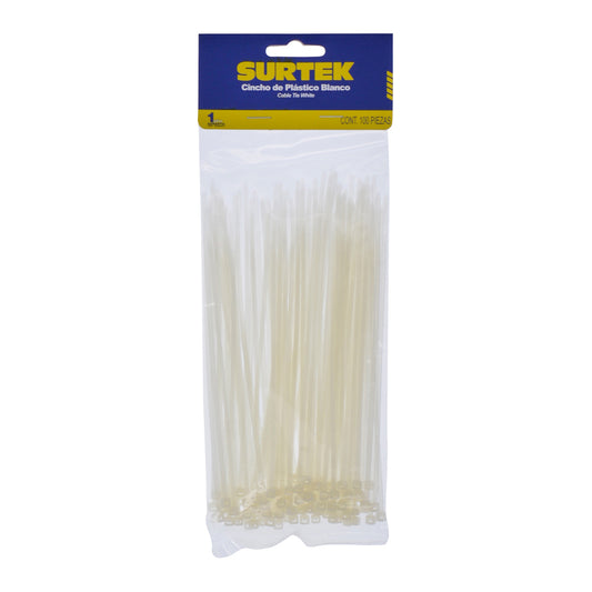 Cinchos plásticos 100 x 2.5 mm, tensión 8 kg de 100 piezas, color natural Surtek