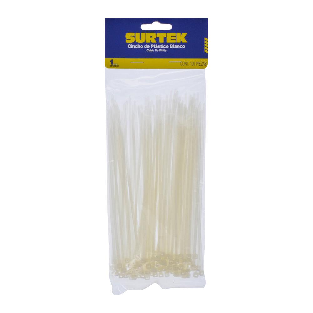 Cinchos plásticos 165 x 2.5 mm, tensión 8 Kg de 100 piezas, color natural Surtek