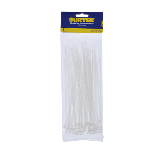 Cinchos plásticos 203 x 4.6 mm, tensión 22 Kg de 50 piezas color natural Surtek