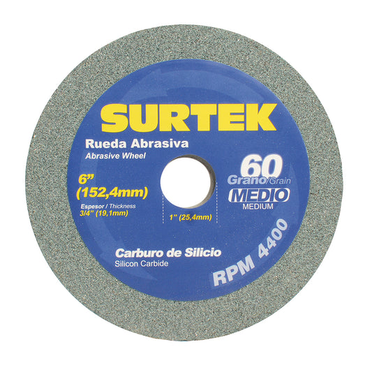 Rueda abrasiva de carburo de silicio verde grano 60, 6" x 3/4" Surtek