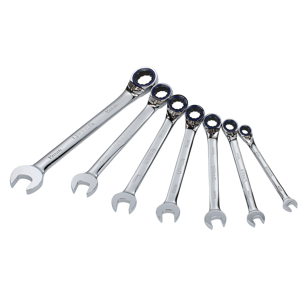 Juego de llaves combinadas pulido espejo de matraca rev mét, 12 puntas,7 pz en rack Urrea