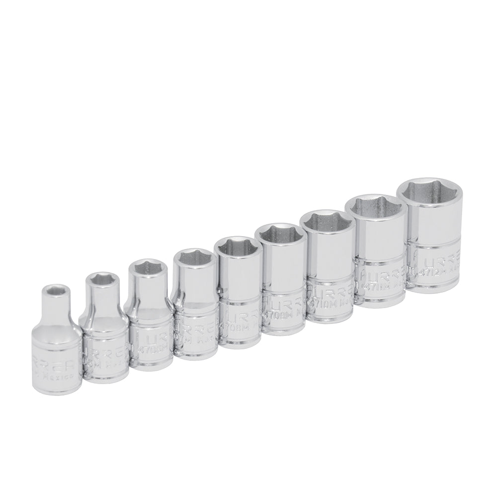 Juego de dados cuadro de 1/4", 6 puntas, métricos, 9 piezas Urrea