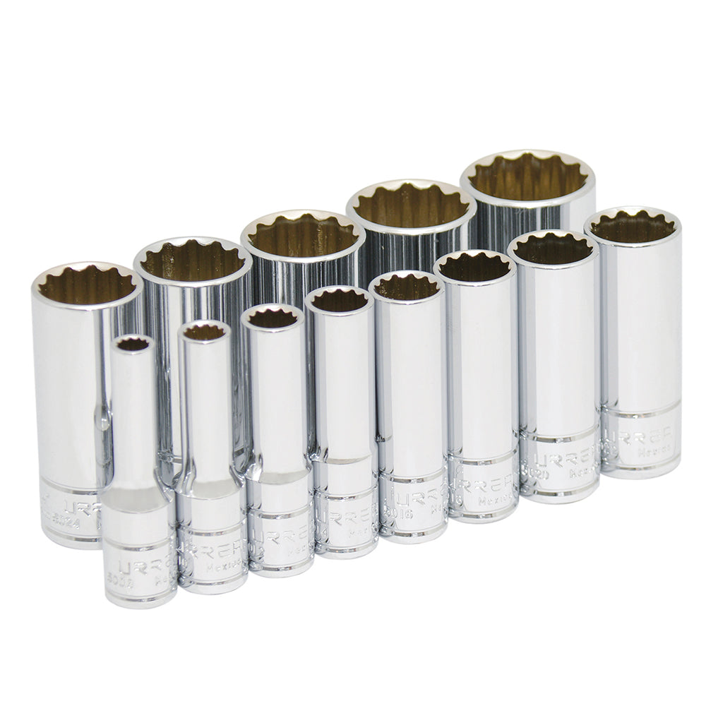 Juego de dados largos cuadro de 3/8", 12 puntas, en pulgadas, 13 piezas Urrea