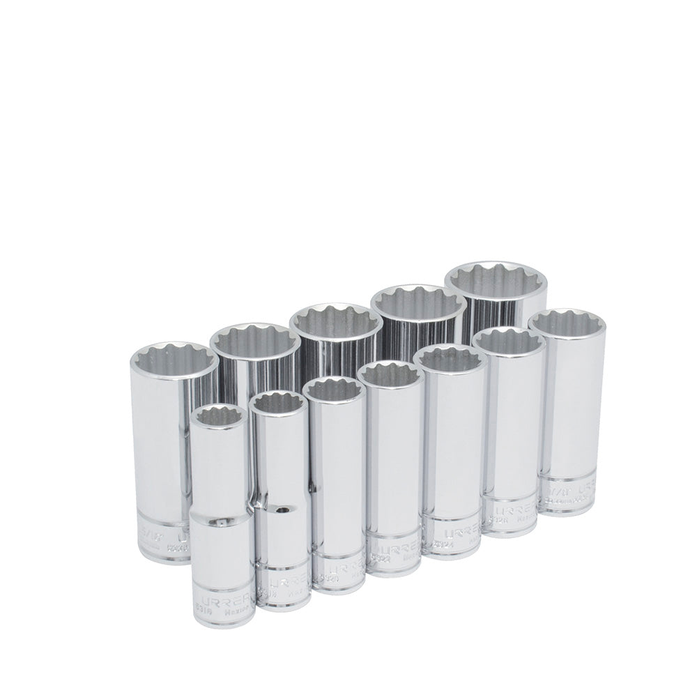 Juego de dados largos cuadro de 1/2", 12 puntas, en pulgadas, 12 piezas Urrea