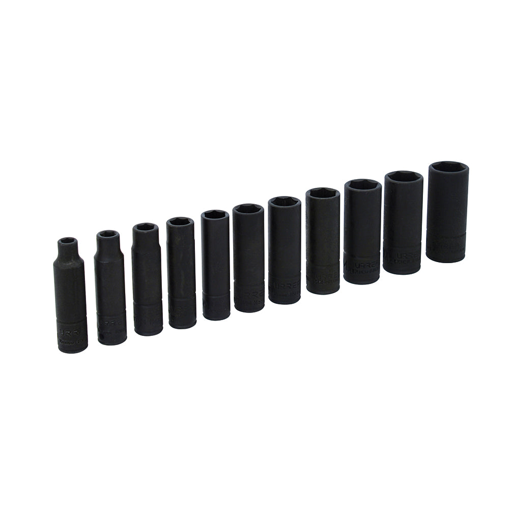 Juego de dados largos de impacto cuadro de 1/4", 6 puntas, métricos, 11 piezas Urrea