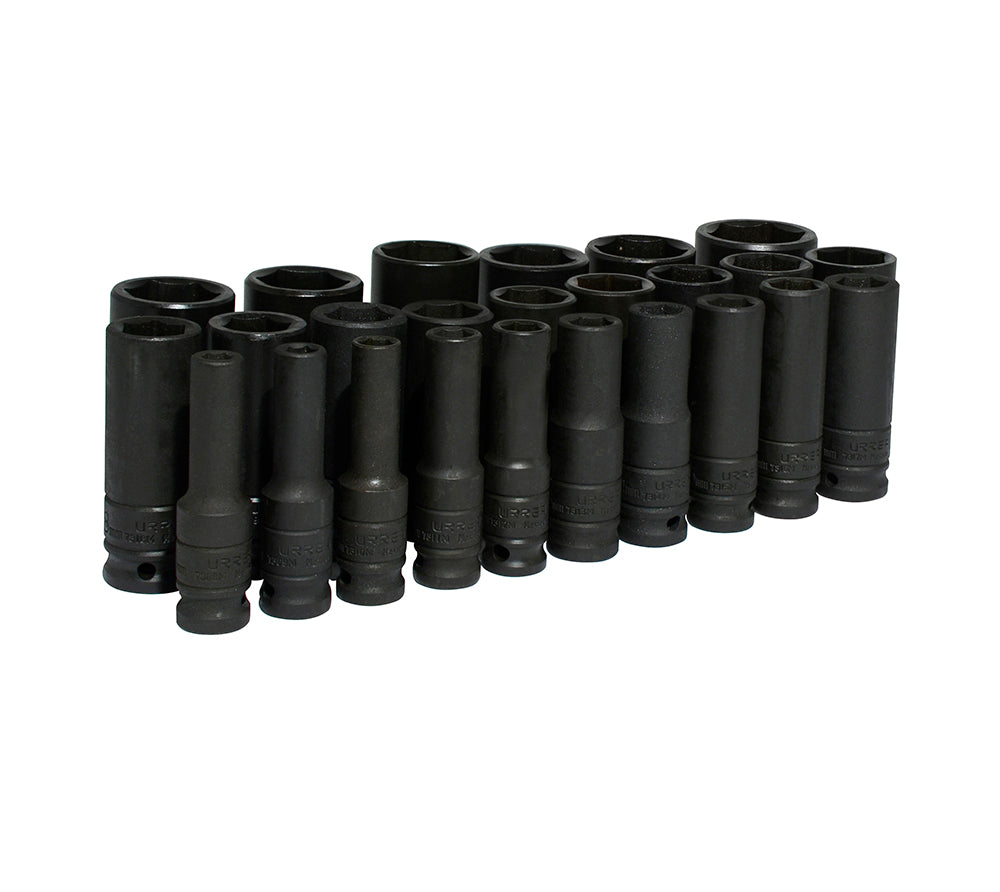 Juego de dados largos de impacto cuadro de 1/2", 6 puntas, métricos, 25 piezas Urrea
