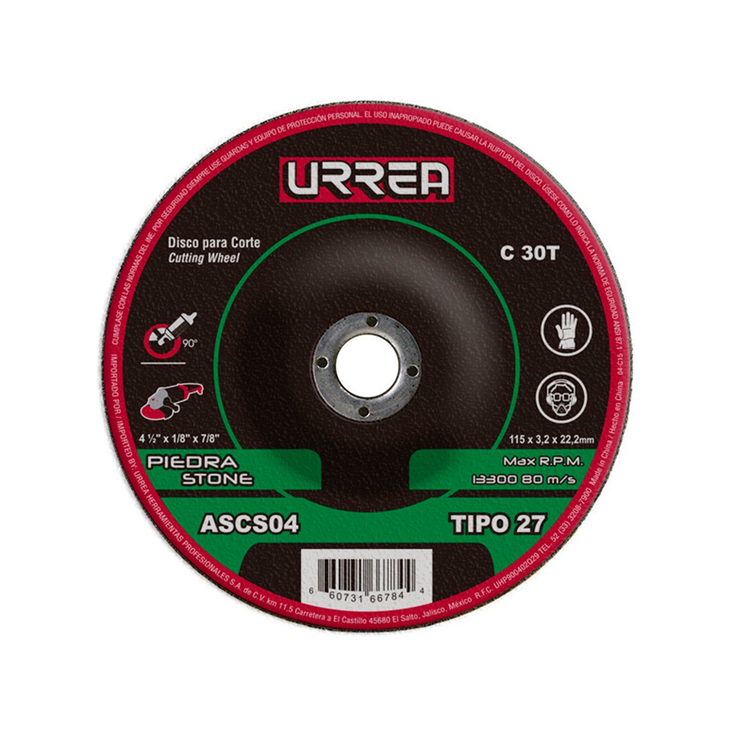 Disco abrasivo tipo 27 para piedra 4-1/2" x 1/8" Urrea