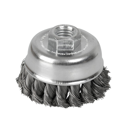 Carda copa trenzada alambre delgado de acero inoxidable 3" x 0.35 mm con rosca 5/8" Surtek