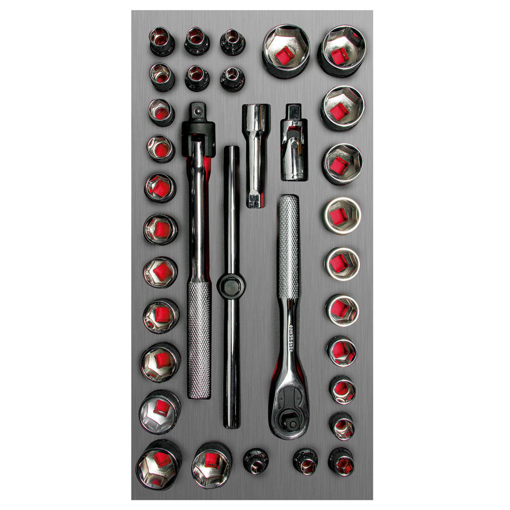 Juego de dados cortos y accesorios cuadro de  3/8" combinados 34 piezas, CH104L-C Urrea