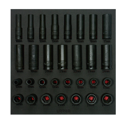 Juego de dados de impacto cortos y largos métricos cuadro de 1/2", 30 piezas Urrea