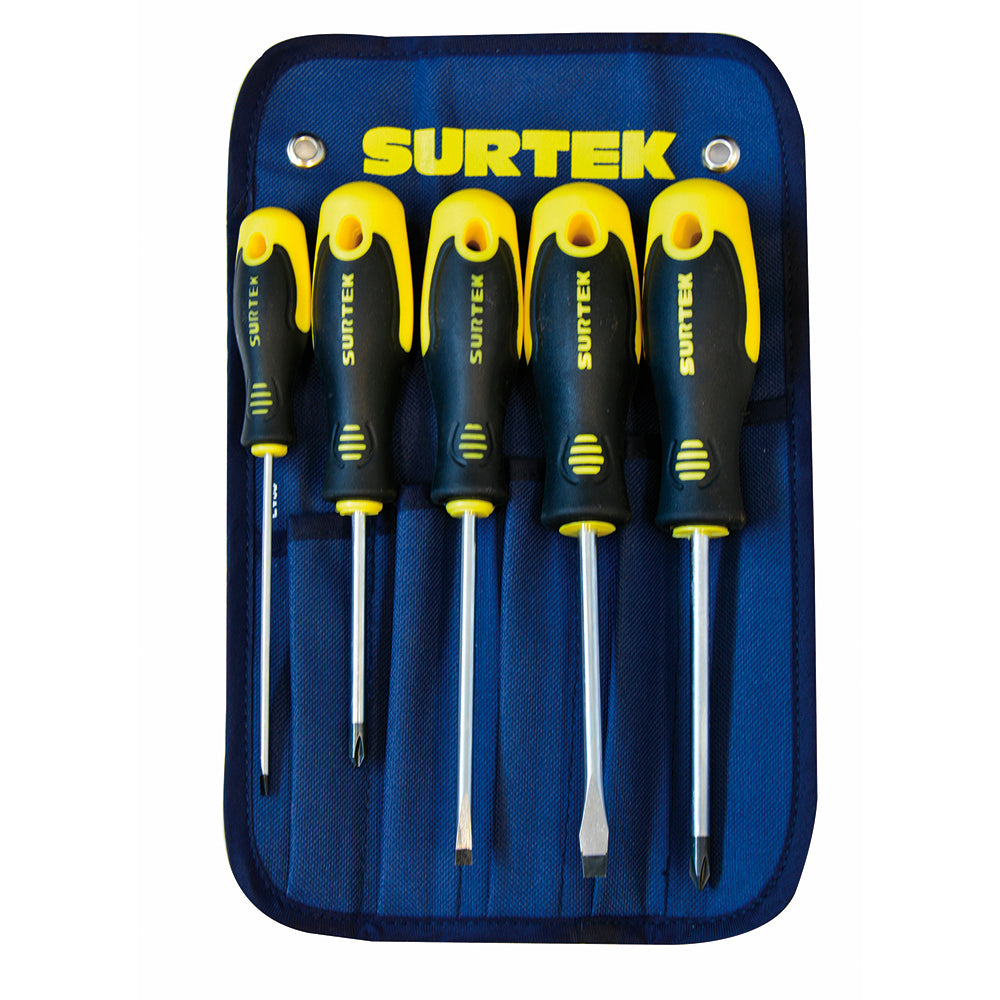 Juego de destornilladores con mango bimaterial combinados, 5 piezas en estuche Surtek