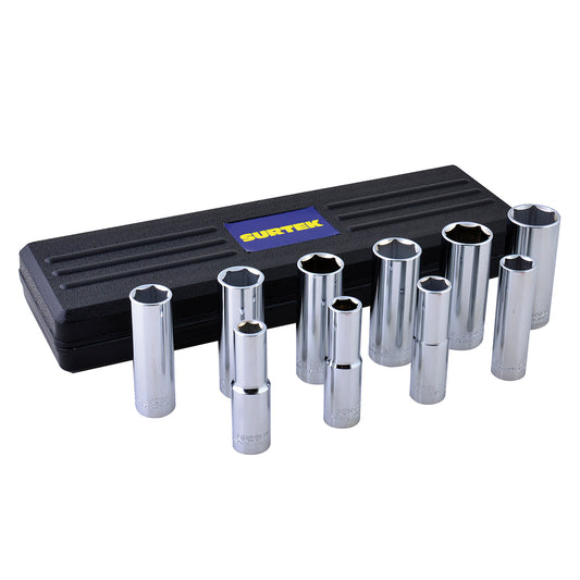Juego de dados largos cuadro de 1/2" 6 puntas, en pulgadas, 10 piezas Surtek