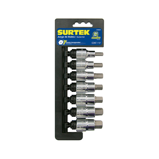 Juego de dados con punta hexagonal cuadro de 1/2", en pulgadas, 7 piezas Surtek