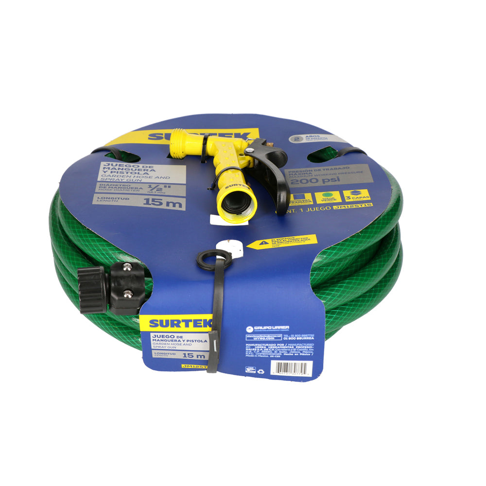 Manguera para jardín tramada verde con pistola para riego 1/2", 15 m Surtek