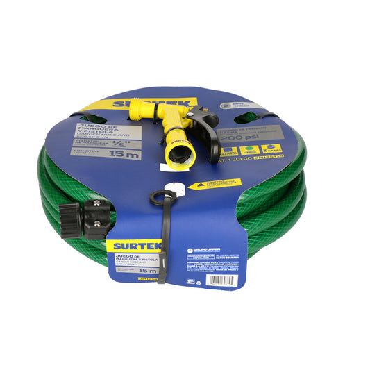 Manguera para jardín tramada verde con pistola para riego 1/2", 15 m Surtek