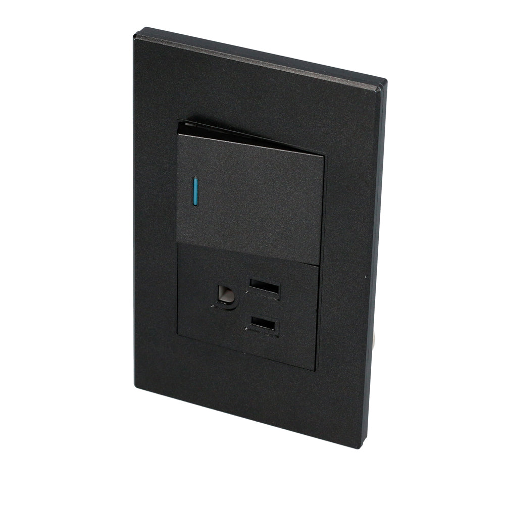 Placa 1 Interruptor 1 contacto 1/2, línea Premium, color negro Surtek