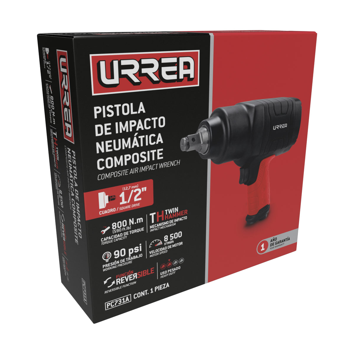 Pistola de impacto neumática cuadro de 1/2" 590 Ft-lb composite sistema twin hammer Urrea