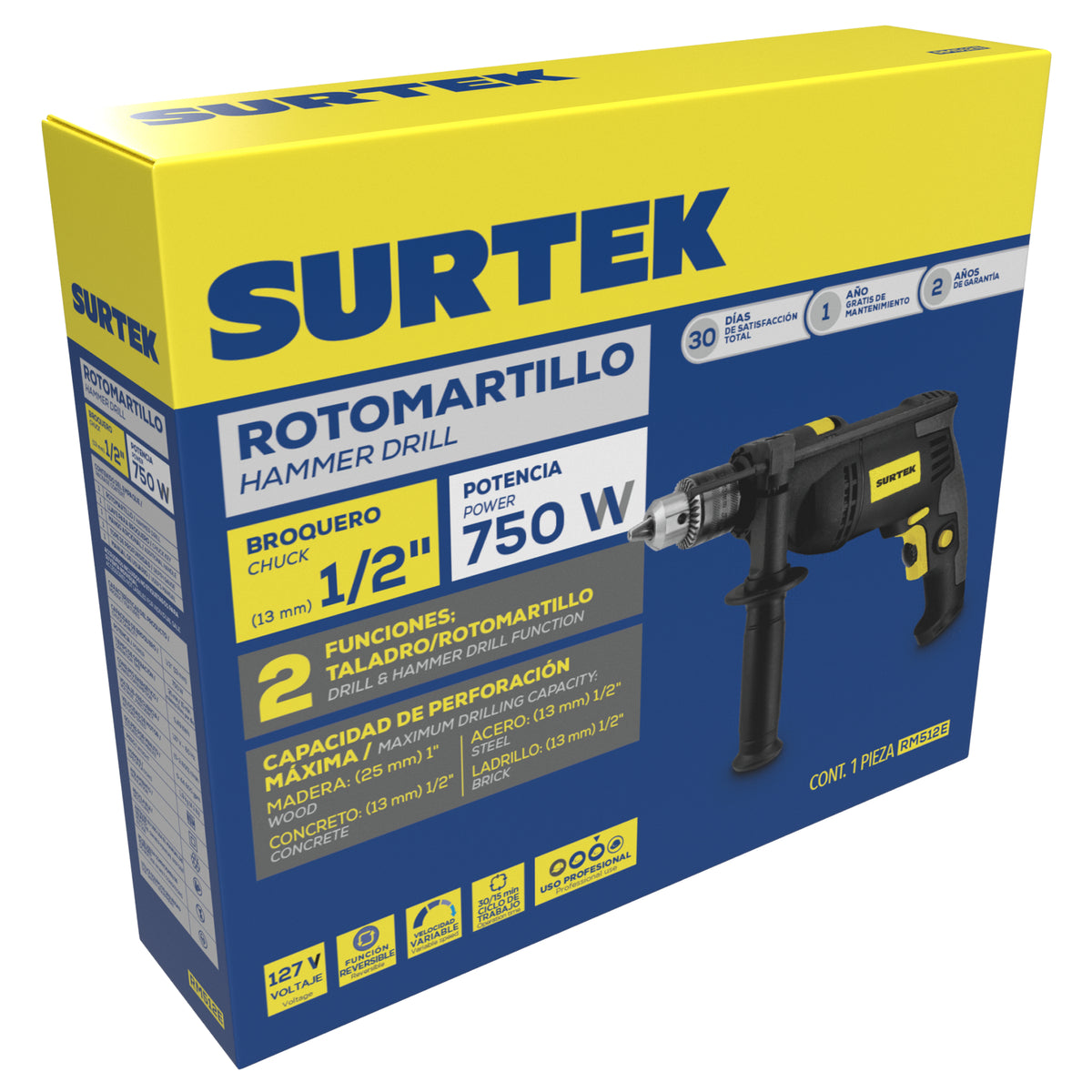 Rotomartillo 1/2" 750 W 127 V, 0 - 3,000 RPM con botón de traba para trabajos continuos Surtek