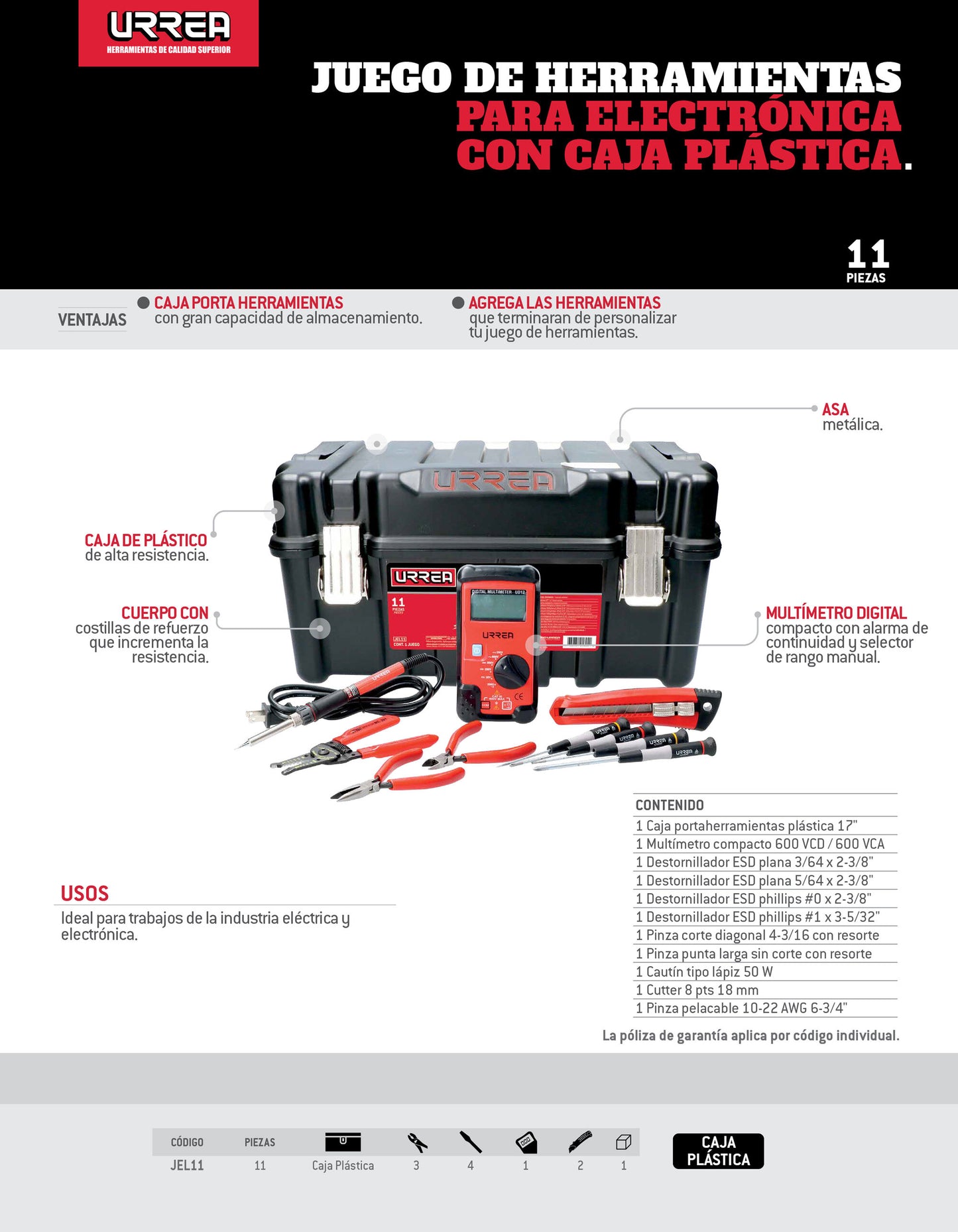 Juego de herramienta para electrónico con caja plástica, 11 piezas Urrea